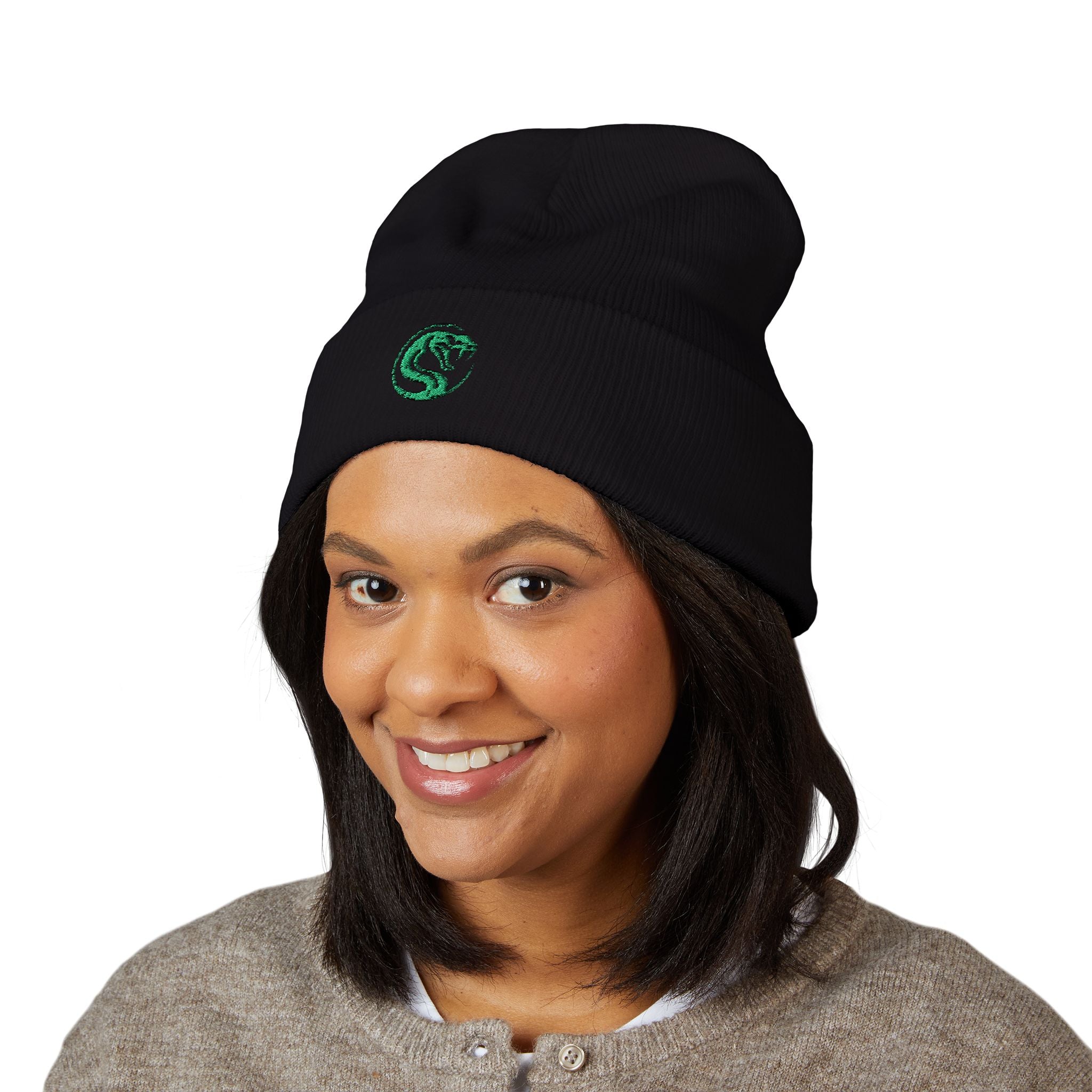 Gestickte Green Snake Logo Beanie – Warme Cuffed Wintermütze in Streetwear-Style